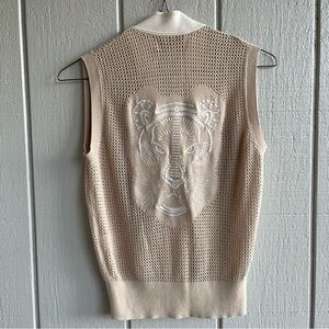 Las Sureñas Rare Mesh Open Knit Tiger Embroidered Button Vest in Beige – Size XS